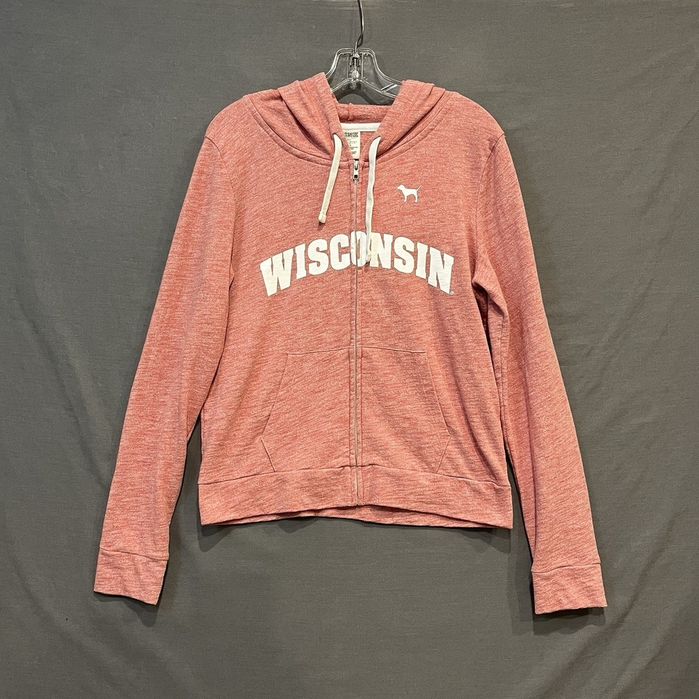Wisconsin Badgers Hooded Jacket Womens L Red Victoria's Secret PINK Zip Up